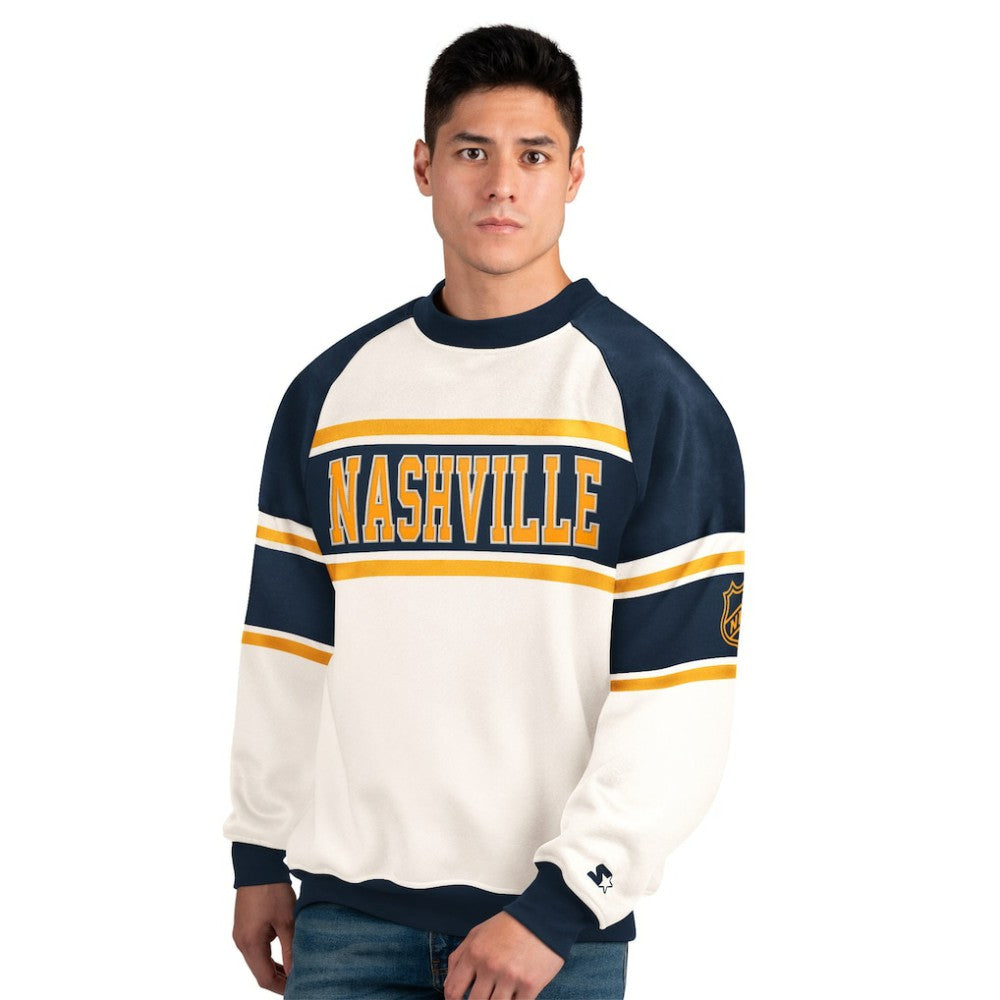Nashville Predators Starter Male Adult Defense Fleece Crewneck Sweatshirt - White | US 202986205