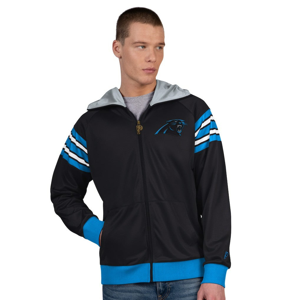 Carolina Panthers Pro Player Helmet Full-Zip Hooded Track Jacket - Black/Silver Jackets