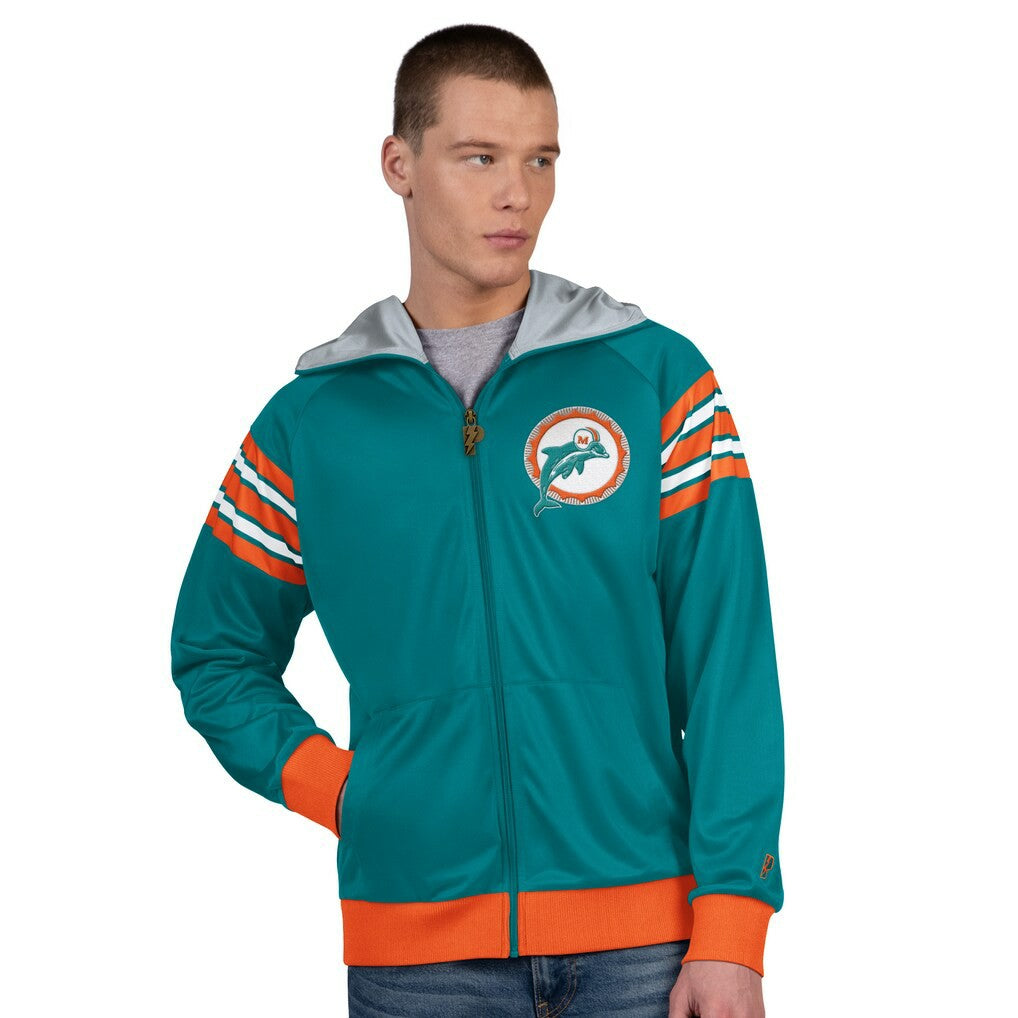 Miami Dolphins Pro Player Retro Helmet Full-Zip Hooded Track Jacket - Aqua/Coral Jackets
