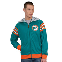 Miami Dolphins Pro Player Retro Helmet Full-Zip Hooded Track Jacket - Aqua/Coral Jackets