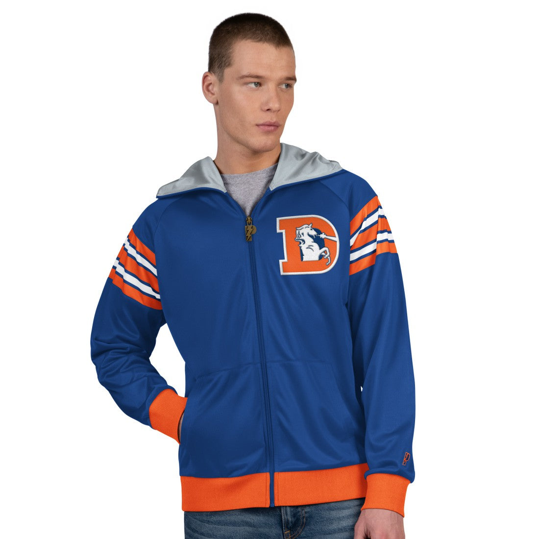 Denver Broncos Pro Player Retro Helmet Full-Zip Hooded Track Jacket - Royal/Orange Jackets