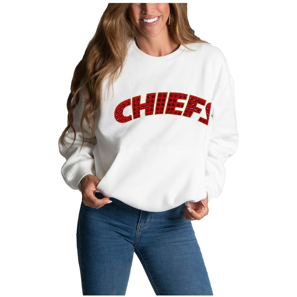Kansas City Chiefs Cuce Women's Chenille Jeweled Sweatshirt - White Sweatshirts