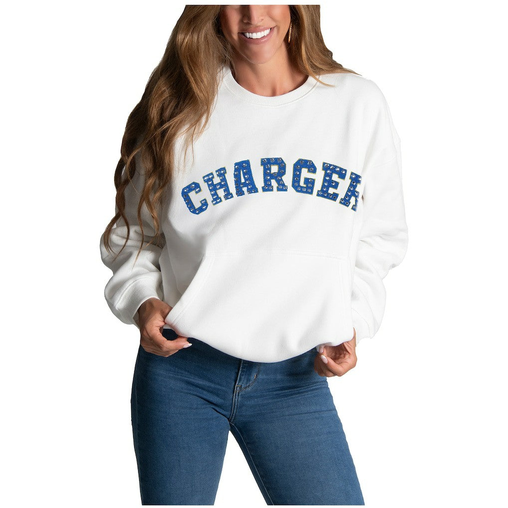 Los Angeles Chargers Cuce Women's Chenille Jeweled Sweatshirt - White Sweatshirts