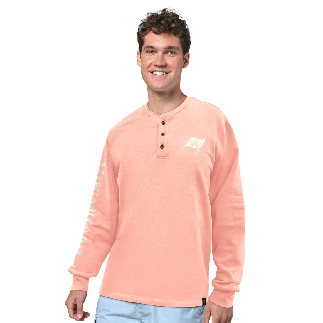 Tampa Bay Buccaneers Margaritaville Five O'Clock Henley Long Sleeve T-Shirt - Coral T-shirts