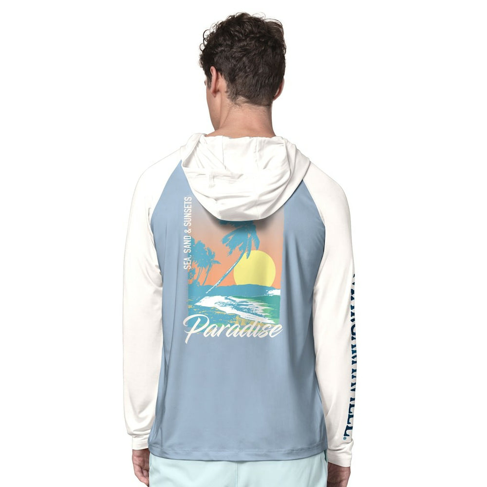 Buffalo Bills Margaritaville Sand, Sea, Sunsets Long-Sleeve Rashguard Hoodie Pullover -Light Blue/Cream