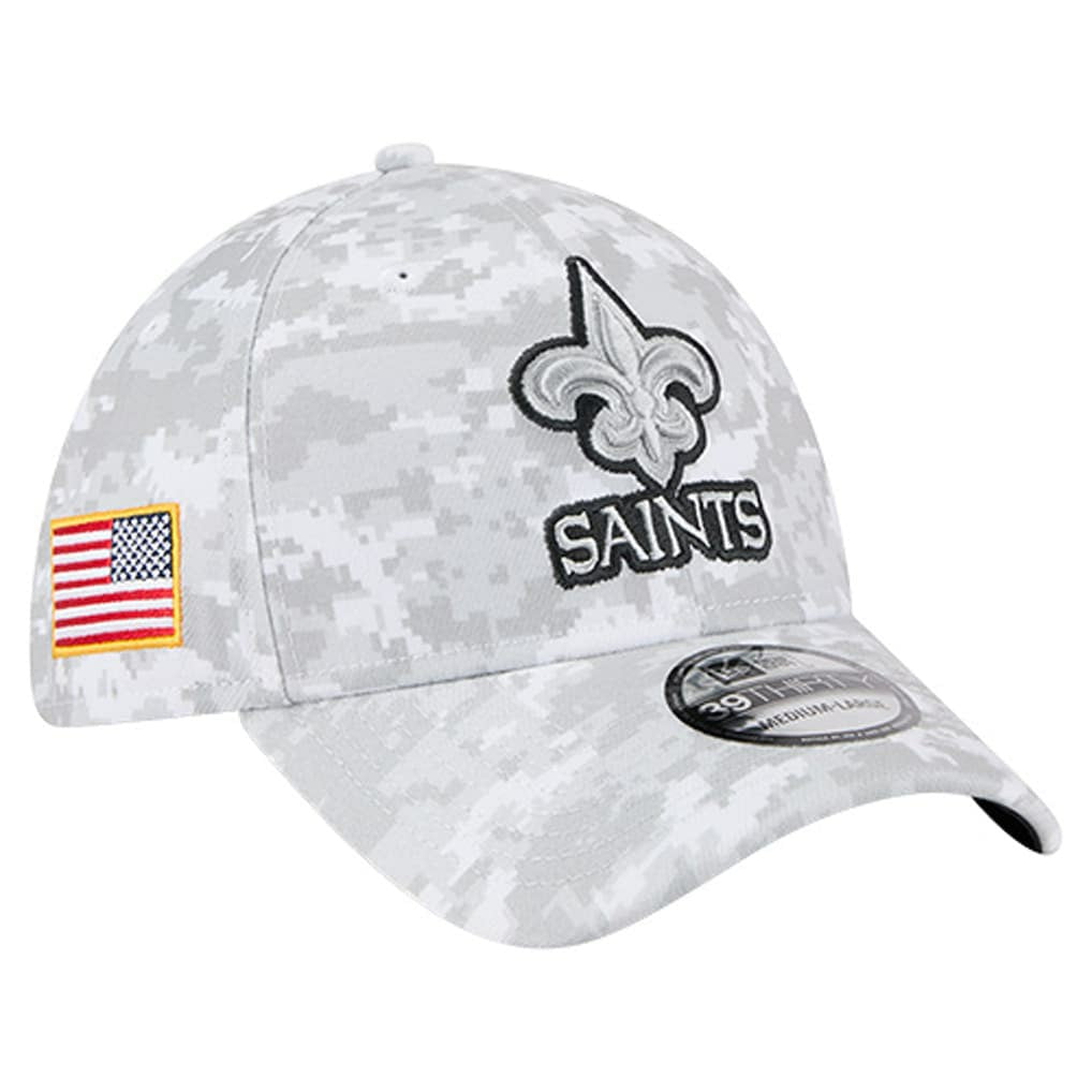 New Orleans Saints New Era 2025 Salute to Service Digital Camo Fan Pack 39THIRTY Flex Hat - White Hats