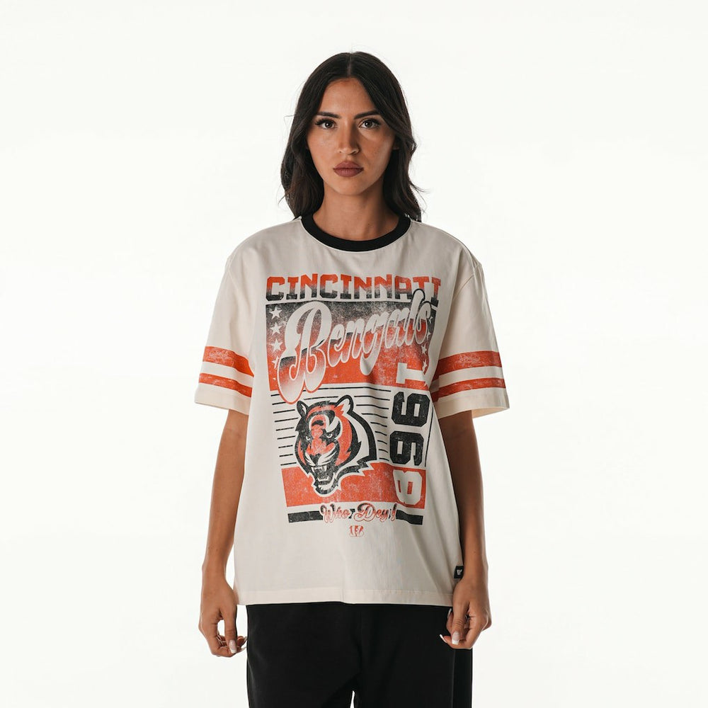 Cincinnati Bengals The Wild Collective Women's Vintage Drop Shoulder Oversized Boyfriend T-Shirt - Cream T-shirts