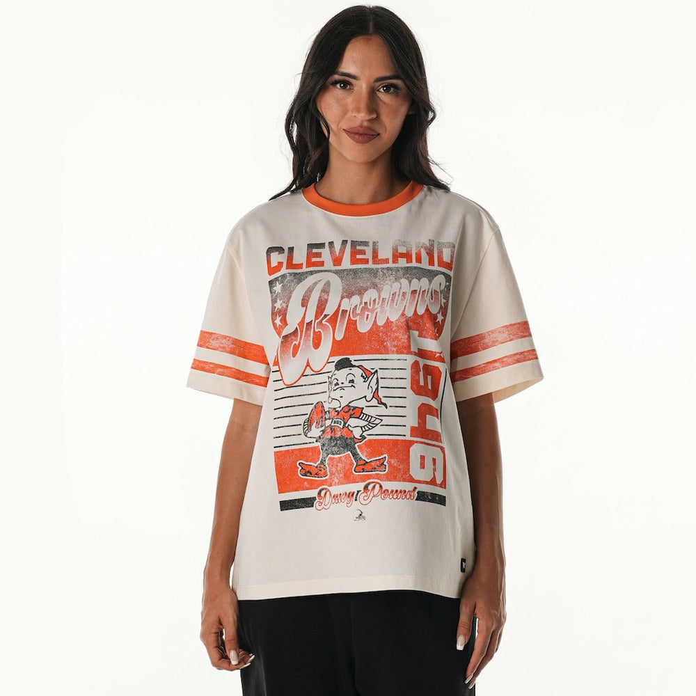Cleveland Browns The Wild Collective Women's Vintage Drop Shoulder Oversized Boyfriend T-Shirt - Cream T-shirts