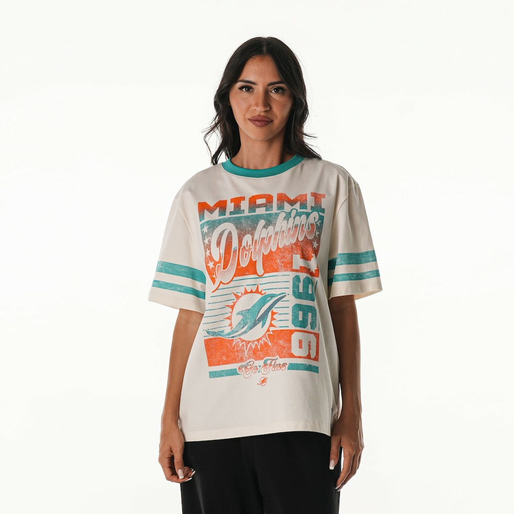 Miami Dolphins The Wild Collective Women's Vintage Drop Shoulder Oversized Boyfriend T-Shirt - Cream T-shirts