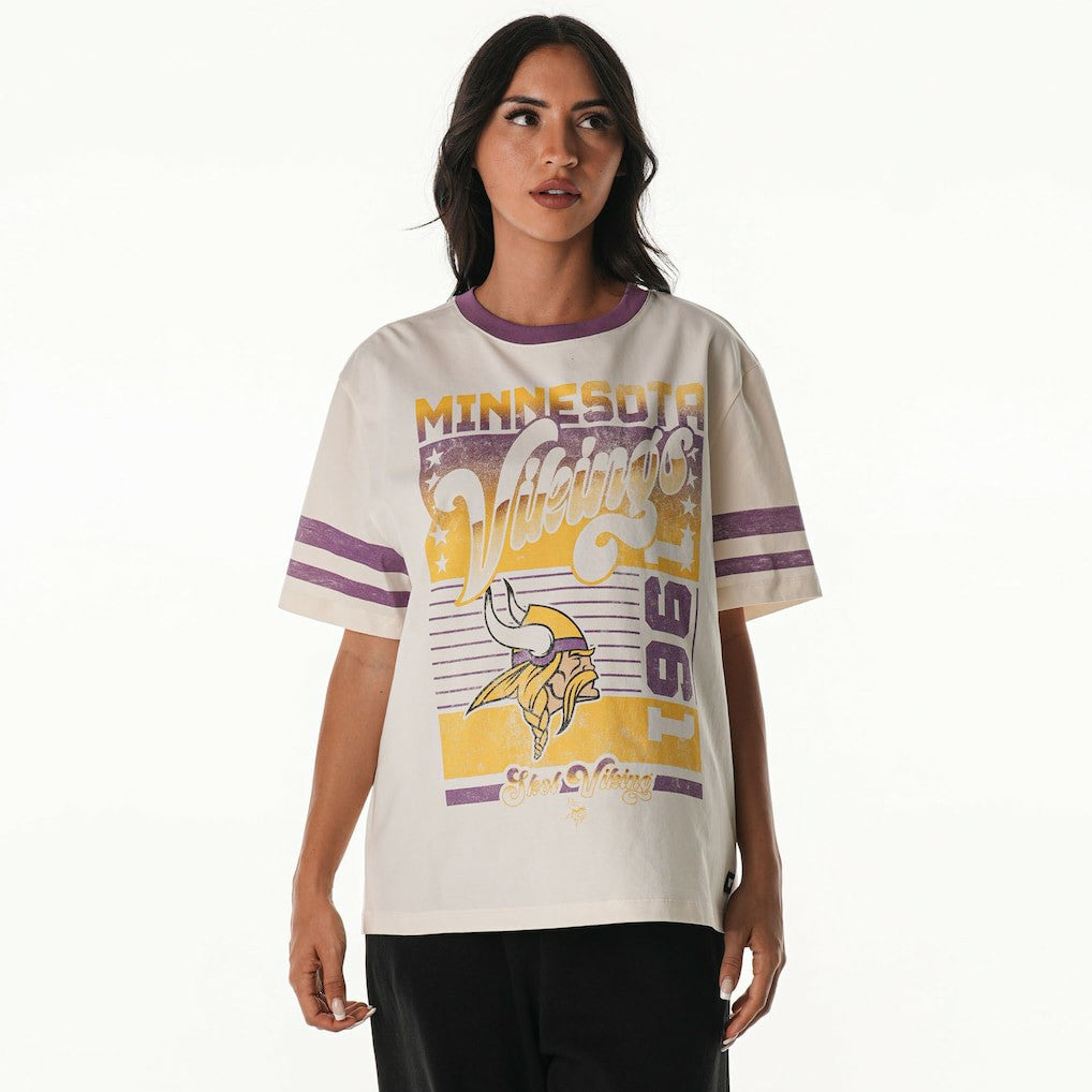 Minnesota Vikings The Wild Collective Women's Vintage Drop Shoulder Oversized Boyfriend T-Shirt - Cream T-shirts