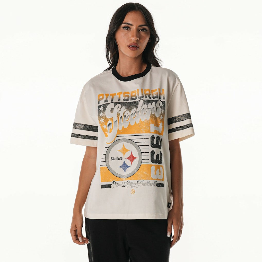 Pittsburgh Steelers The Wild Collective Women's Vintage Drop Shoulder Oversized Boyfriend T-Shirt - Cream T-shirts