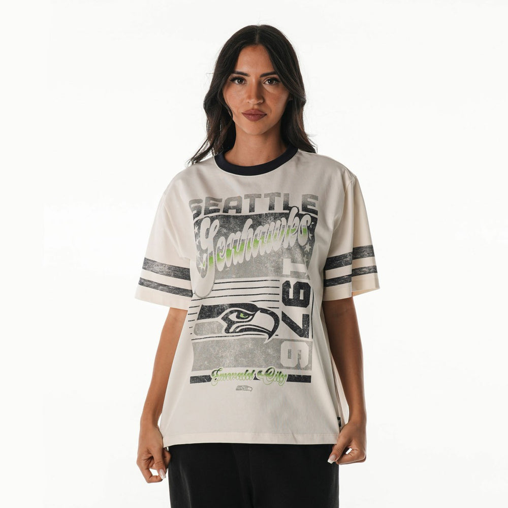 Seattle Seahawks The Wild Collective Women's Vintage Drop Shoulder Oversized Boyfriend T-Shirt - Cream T-shirts