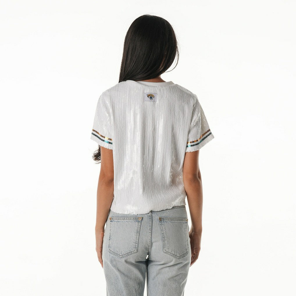 Jacksonville Jaguars The Wild Collective Women's Rhinestone Sequin Cropped T-Shirt - White T-shirts
