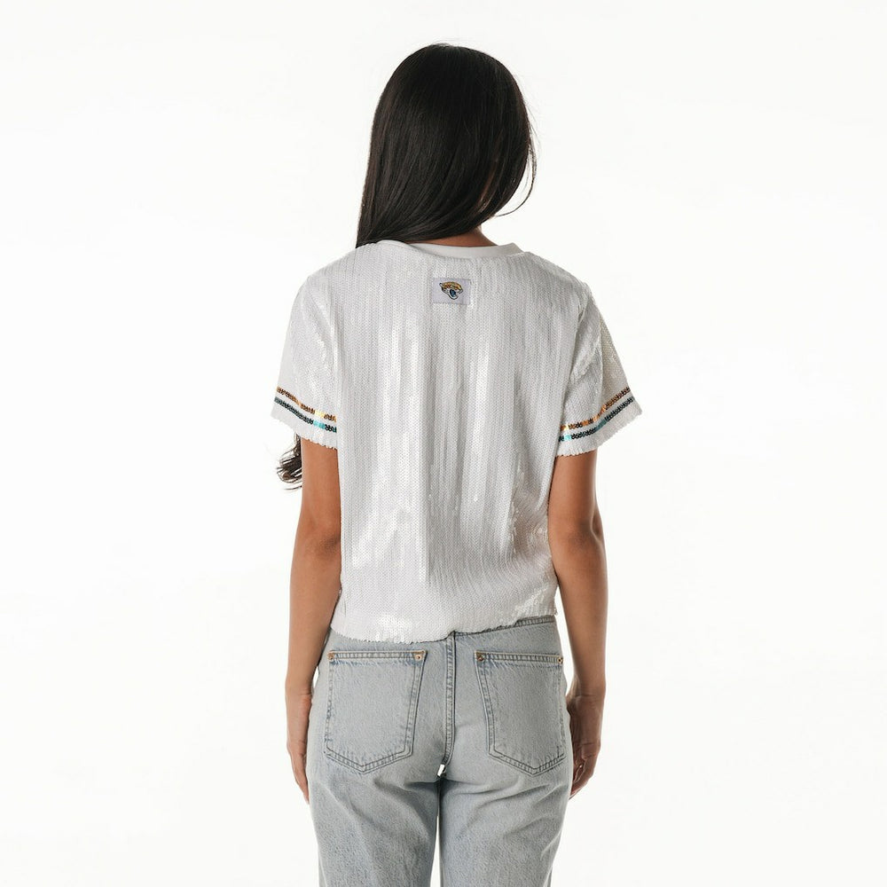Jacksonville Jaguars The Wild Collective Women's Rhinestone Sequin Cropped T-Shirt - White T-shirts