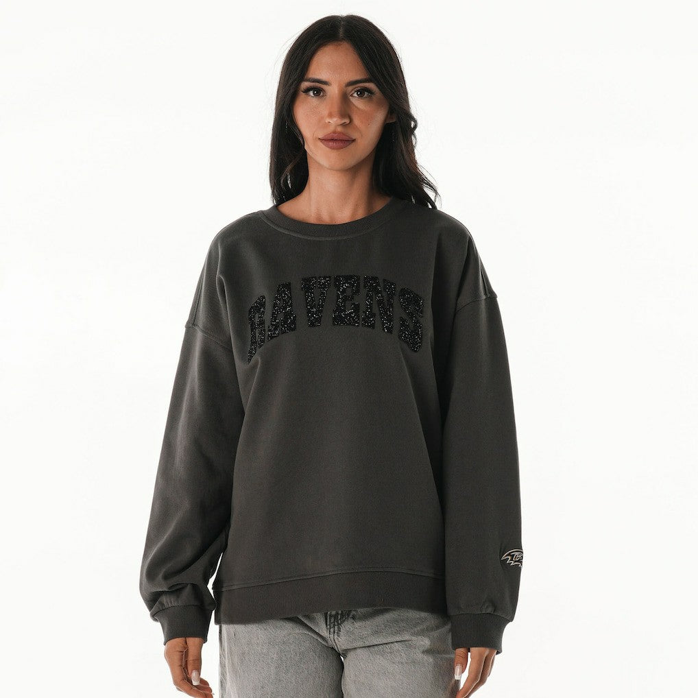 Baltimore Ravens The Wild Collective Women's Rock Crystal Oversized Crewneck Sweatshirt - Charcoal Sweatshirts