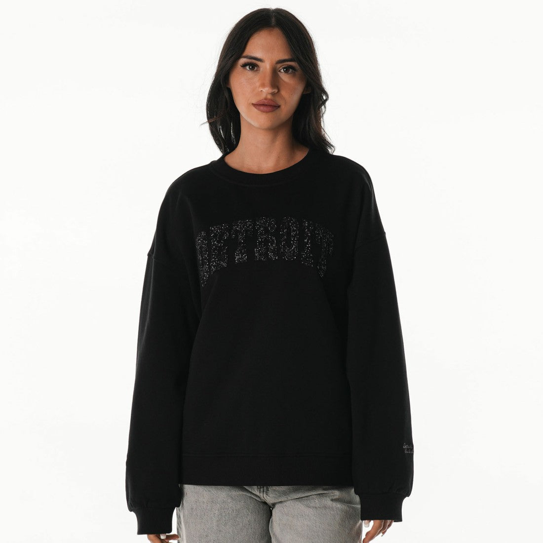 Detroit Lions The Wild Collective Women's Rock Crystal Oversized Crewneck Sweatshirt - Black Sweatshirts