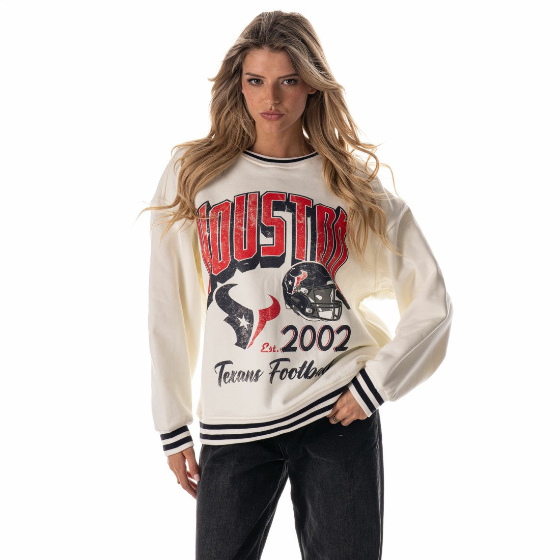 Houston Texans The Wild Collective Women's Oversized Vintage French Terry Sweatshirt - Cream Sweatshirts