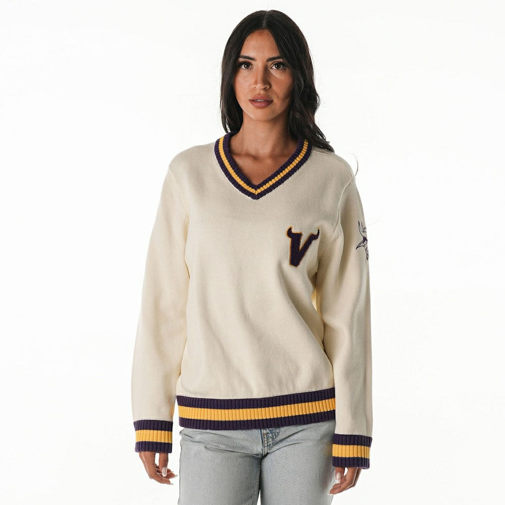 Minnesota Vikings The Wild Collective Women's Jacquard V-Neck Sweater - Cream