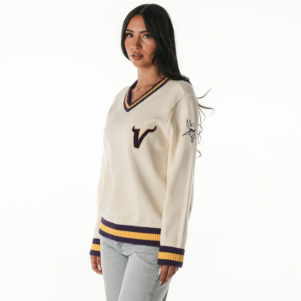 Minnesota Vikings The Wild Collective Women's Jacquard V-Neck Sweater - Cream
