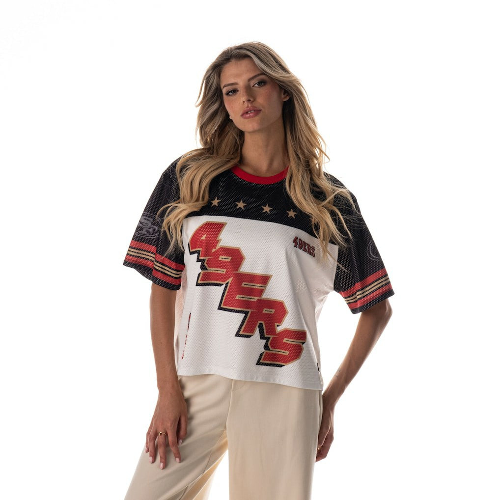 San Francisco 49ers The Wild Collective Women's Boxy Cropped Mesh T-Shirt - White T-shirts
