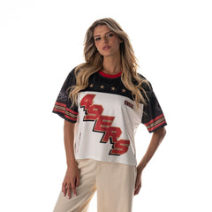 San Francisco 49ers The Wild Collective Women's Boxy Cropped Mesh T-Shirt - White T-shirts