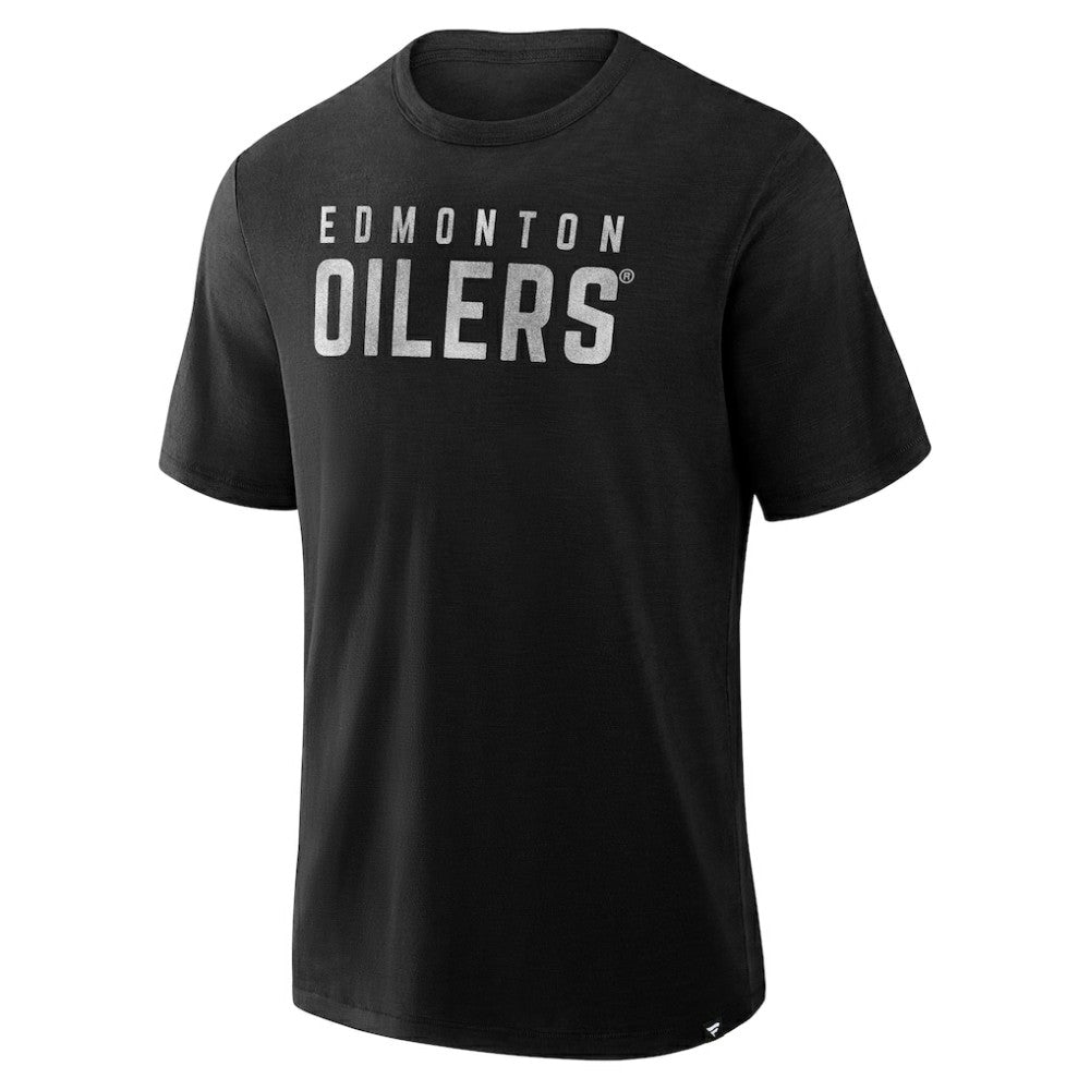 Edmonton Oilers Fanatics Play Distressed Wordmark Stadium Slub T-Shirt - Black | US 203024353
