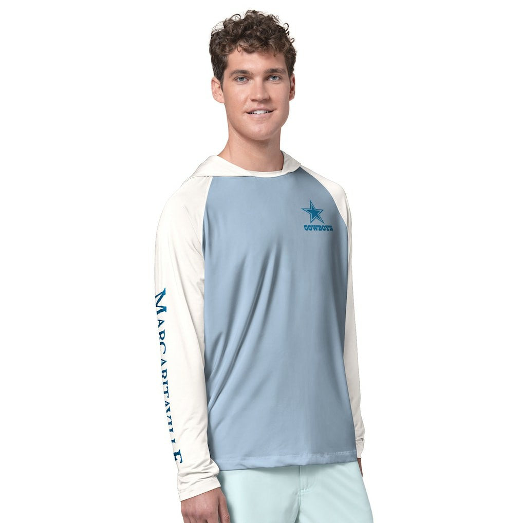 Dallas Cowboys Margaritaville Sand, Sea, Sunsets Long-Sleeve Rashguard Hoodie Pullover -Light Blue/Cream