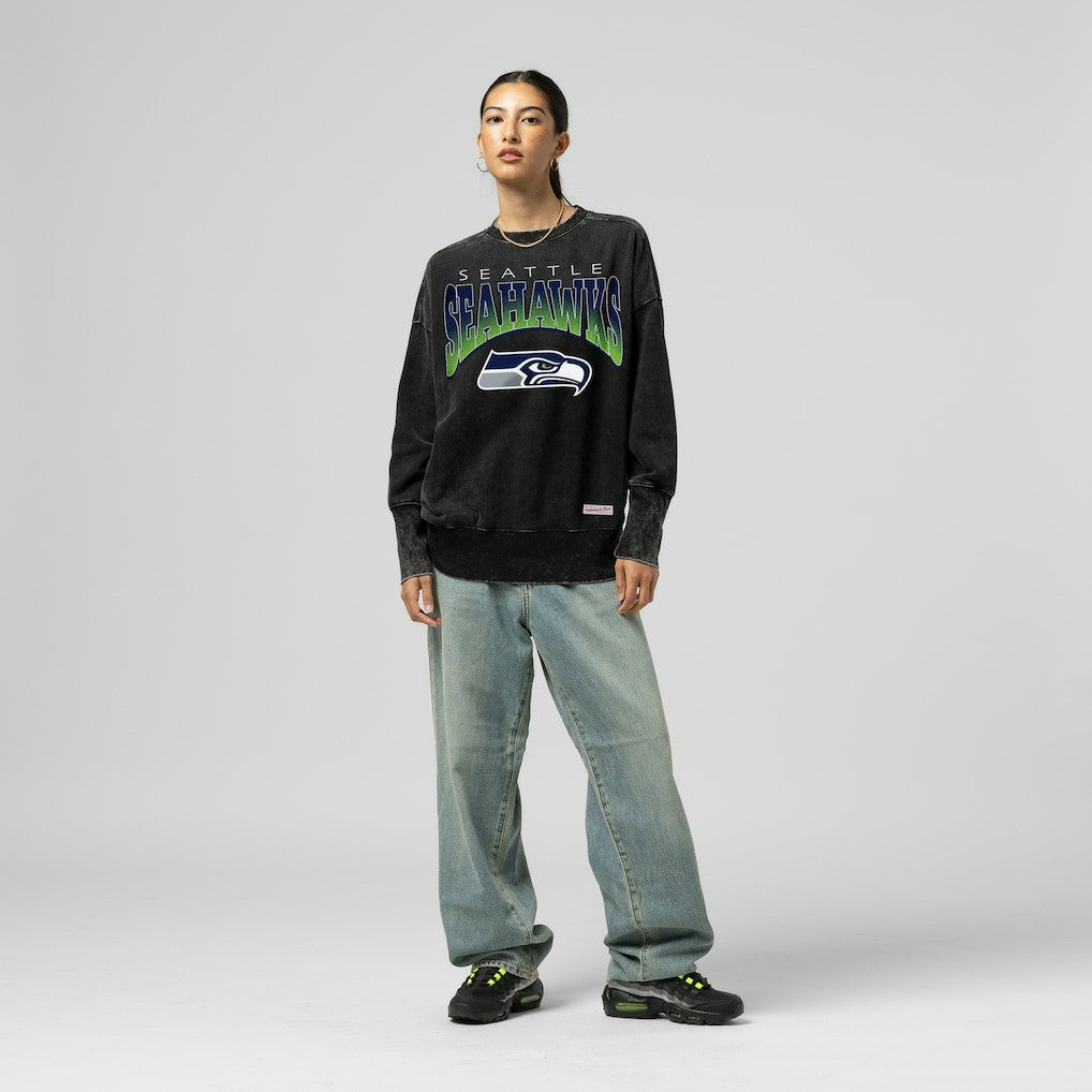Seattle Seahawks Women's Delineate Mineral Wash Crewneck Sweatshirt - Black Sweatshirts