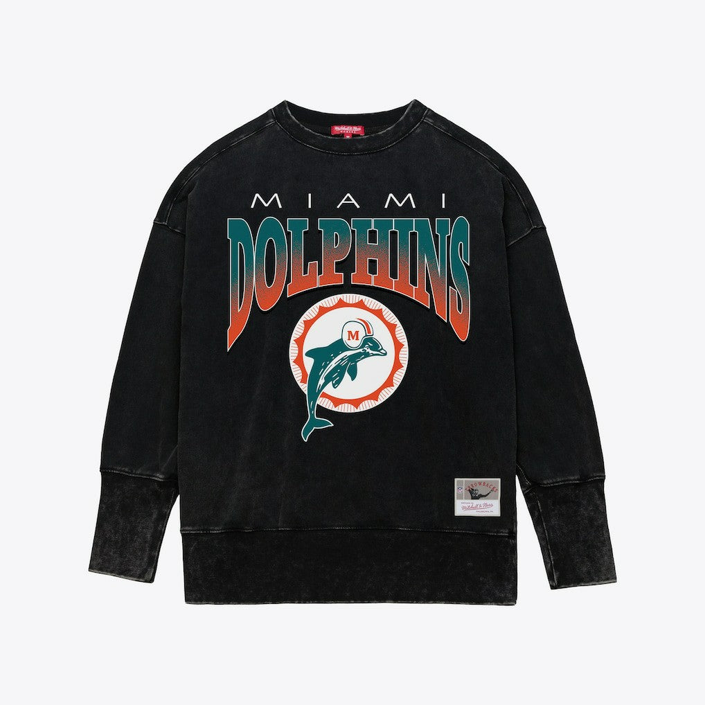 Miami Dolphins Women's Delineate Mineral Wash Crewneck Sweatshirt - Black Sweatshirts