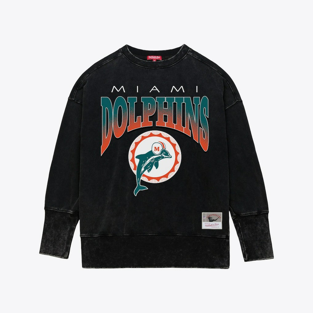 Miami Dolphins Women's Delineate Mineral Wash Crewneck Sweatshirt - Black Sweatshirts