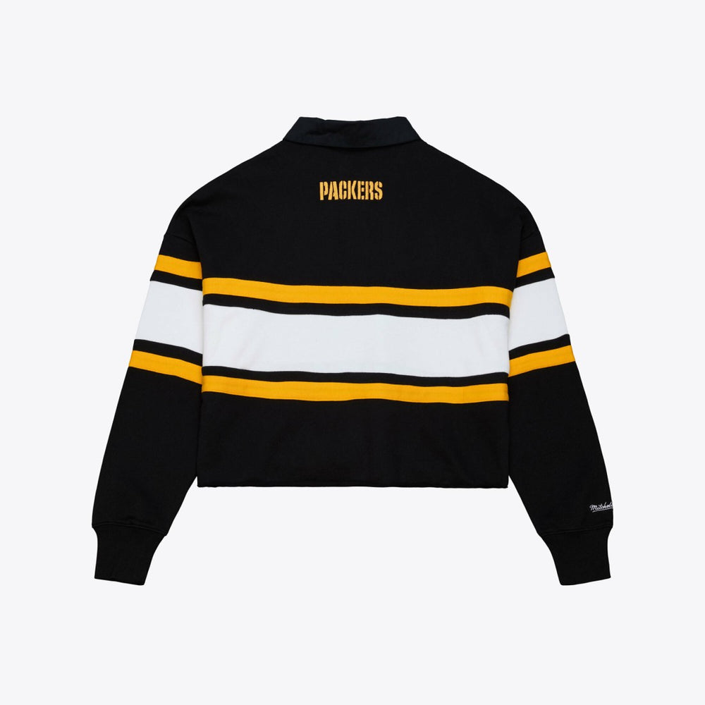 Green Bay Packers Women's Cropped Long Sleeve Rugby Polo - Black