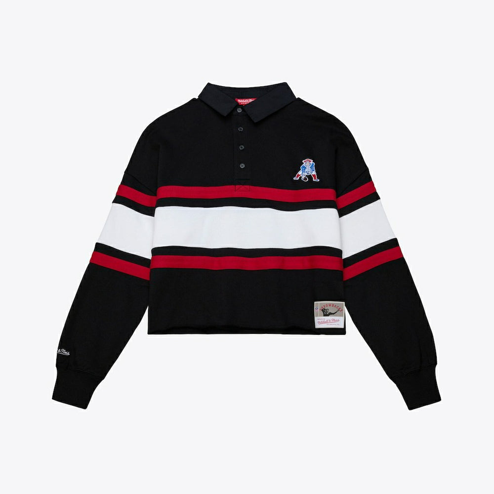 New England Patriots Women's Throwback Cropped Long Sleeve Rugby Polo - Black