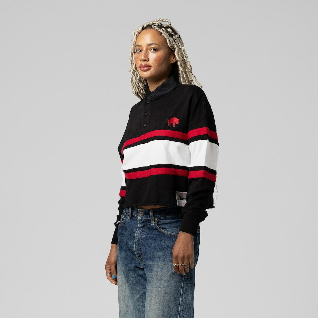 Buffalo Bills Women's Throwback Cropped Long Sleeve Rugby Polo - Black