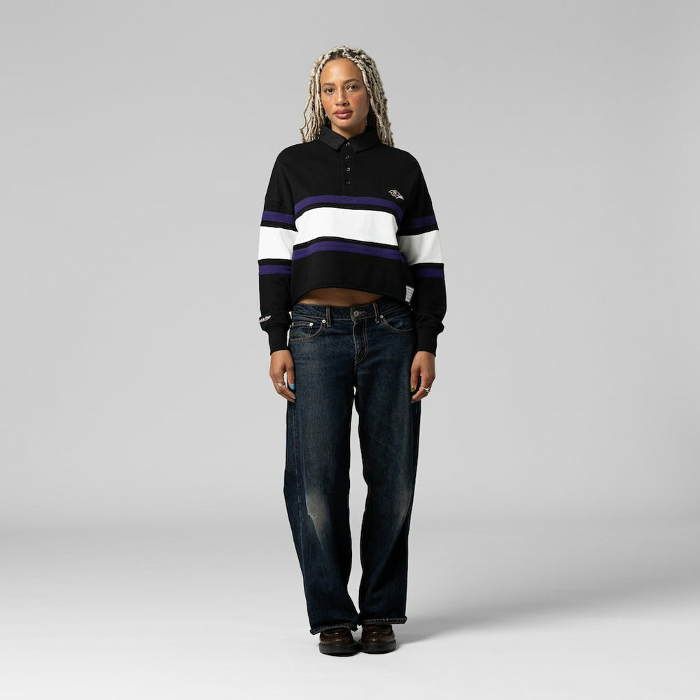 Baltimore Ravens Women's Cropped Long Sleeve Rugby Polo - Black