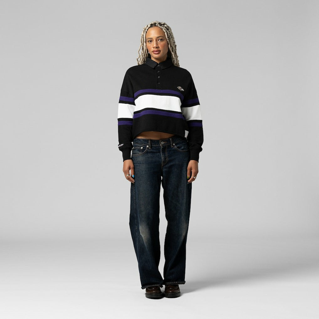 Baltimore Ravens Women's Cropped Long Sleeve Rugby Polo - Black