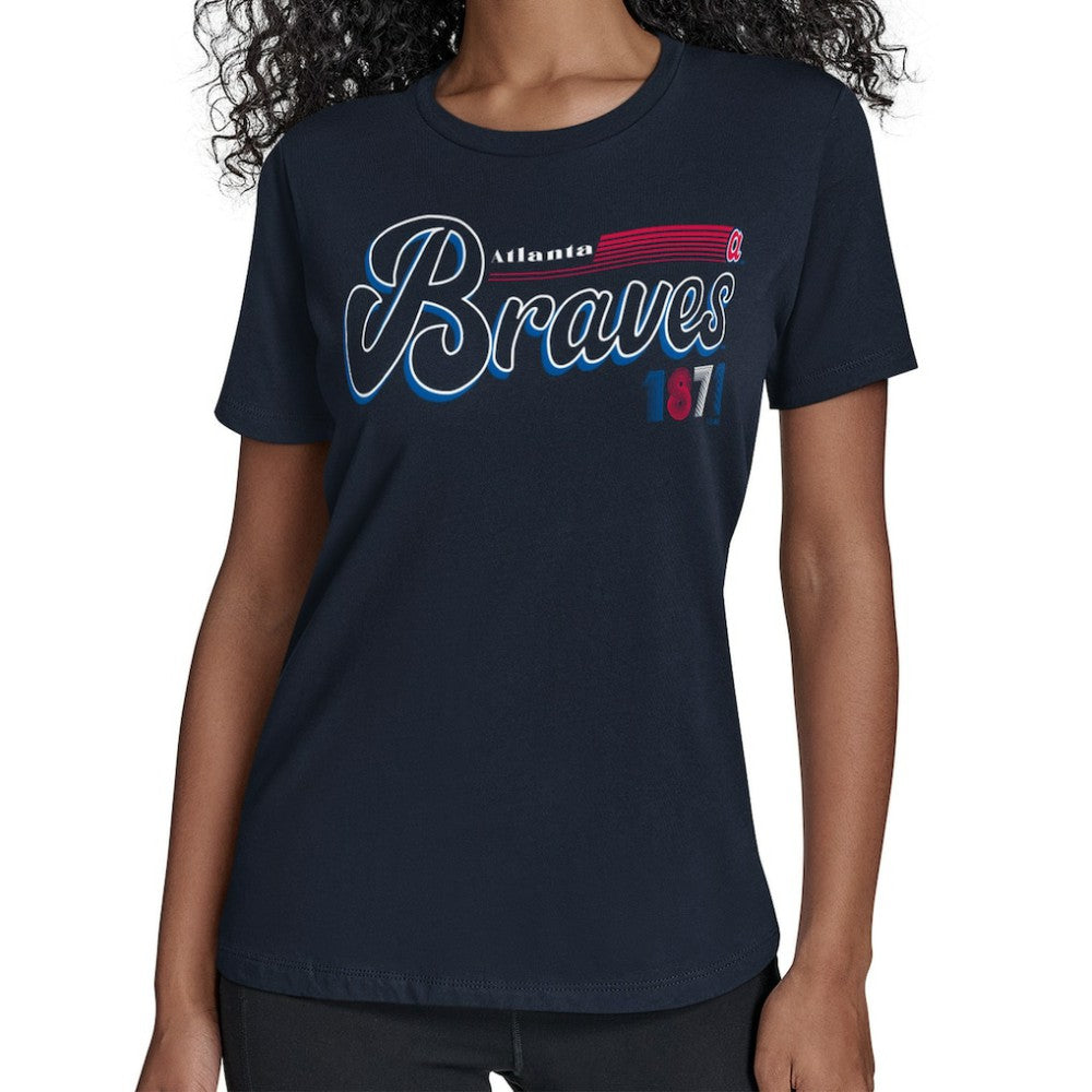 Atlanta Braves Starter Women's Groovy Script Team Fitted T-Shirt - Navy T-shirts