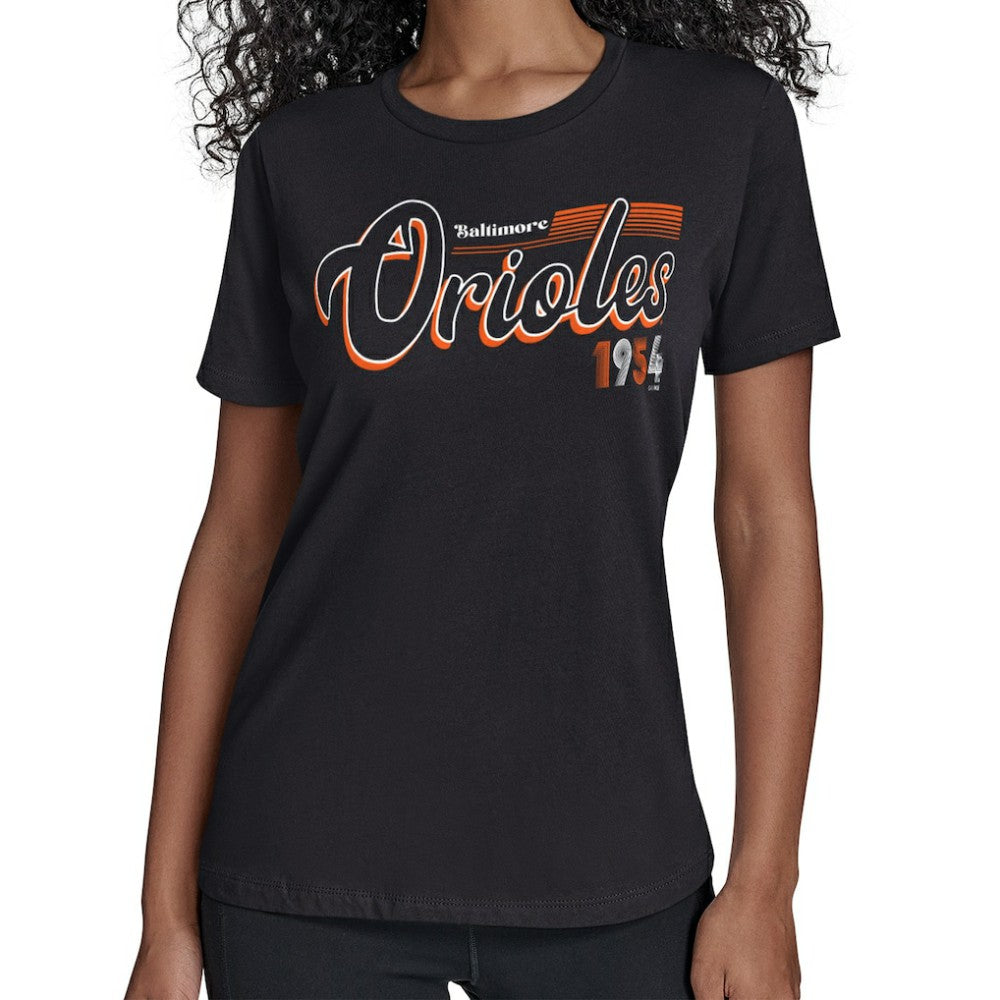 Baltimore Orioles Starter Women's Groovy Script Team Fitted T-Shirt - Black T-shirts