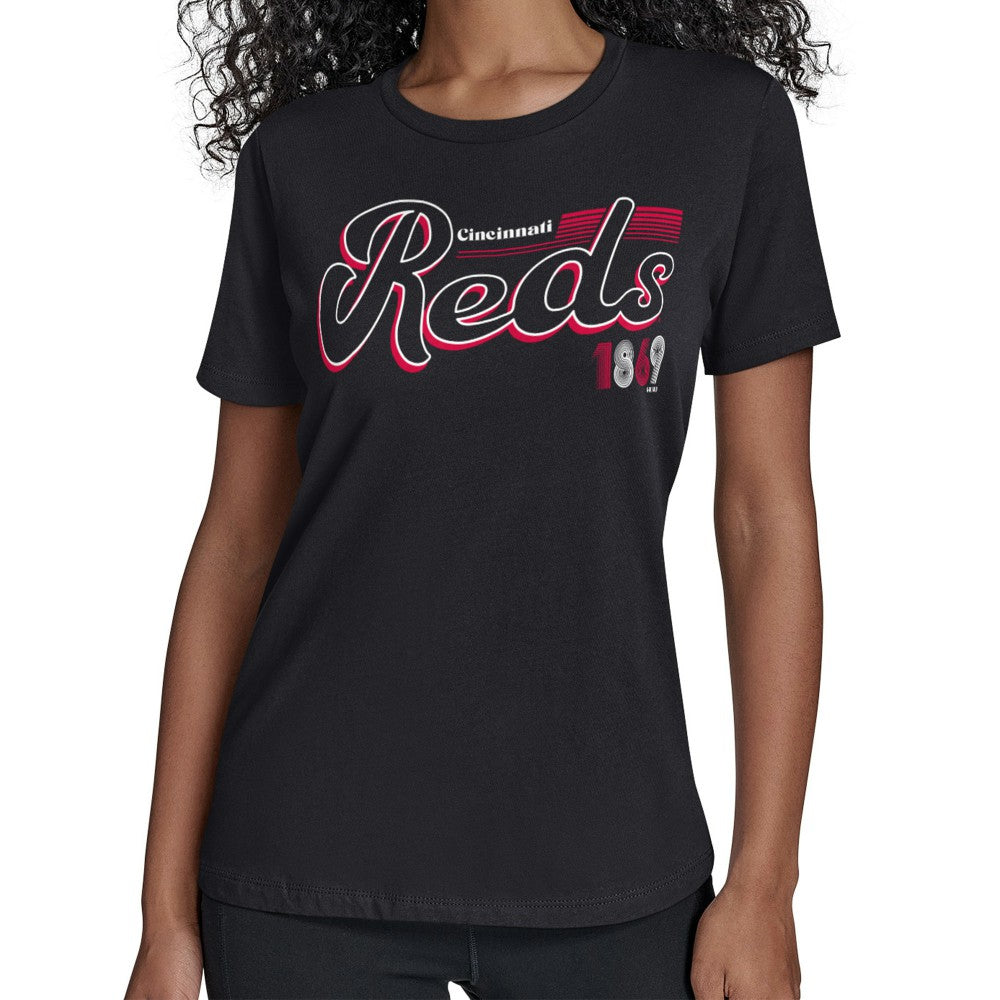 Cincinnati Reds Starter Women's Groovy Script Team Fitted T-Shirt - Black T-shirts
