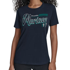 Seattle Mariners Starter Women's Groovy Script Team Fitted T-Shirt - Navy T-shirts