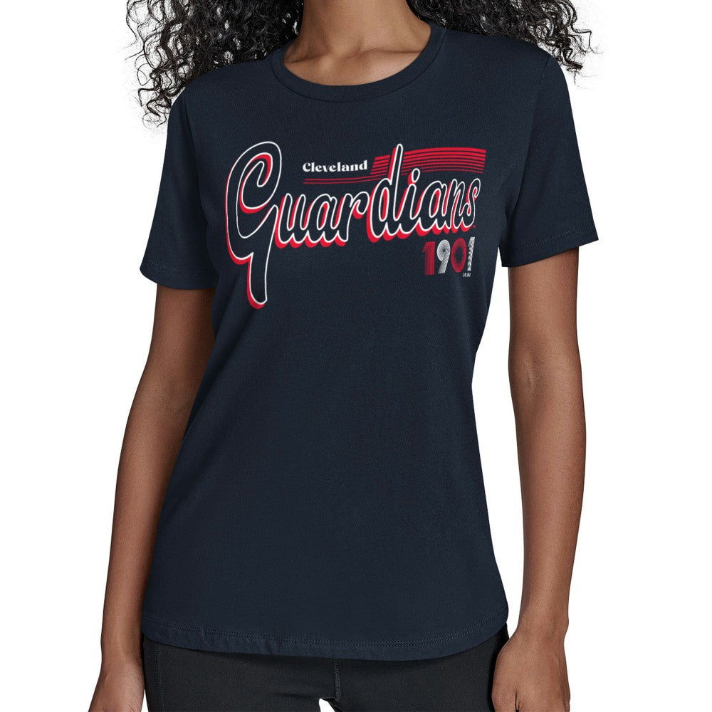 Cleveland Guardians Starter Women's Groovy Script Team Fitted T-Shirt - Navy T-shirts