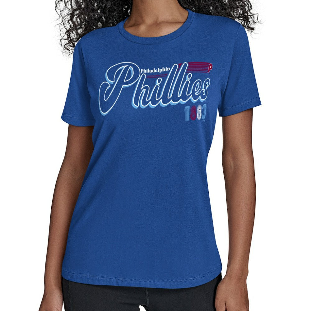 Philadelphia Phillies Starter Women's Groovy Script Team Fitted T-Shirt - Royal T-shirts