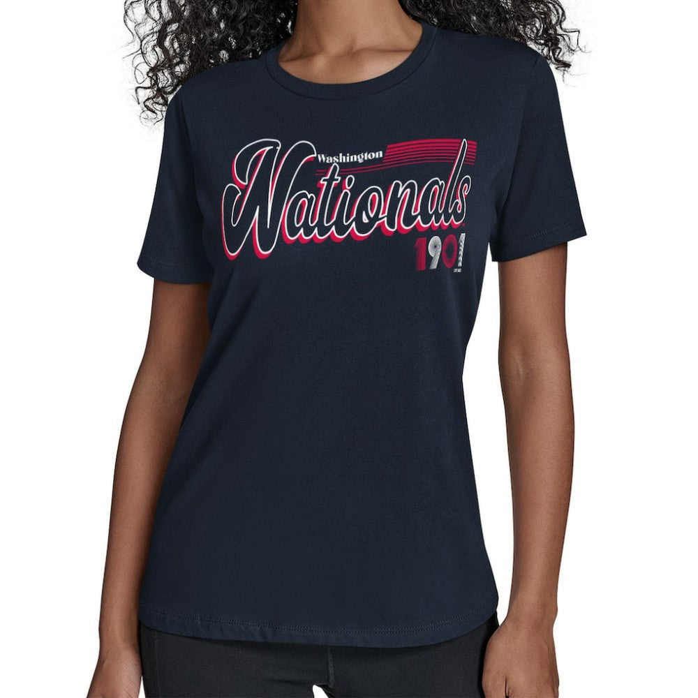 Washington Nationals Starter Women's Groovy Script Team Fitted T-Shirt - Navy T-shirts