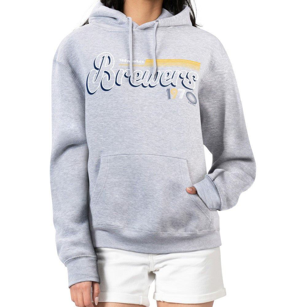 Milwaukee Brewers Starter Women's Groovy Script Team Fleece Pullover Hoodie - Gray Hoodies