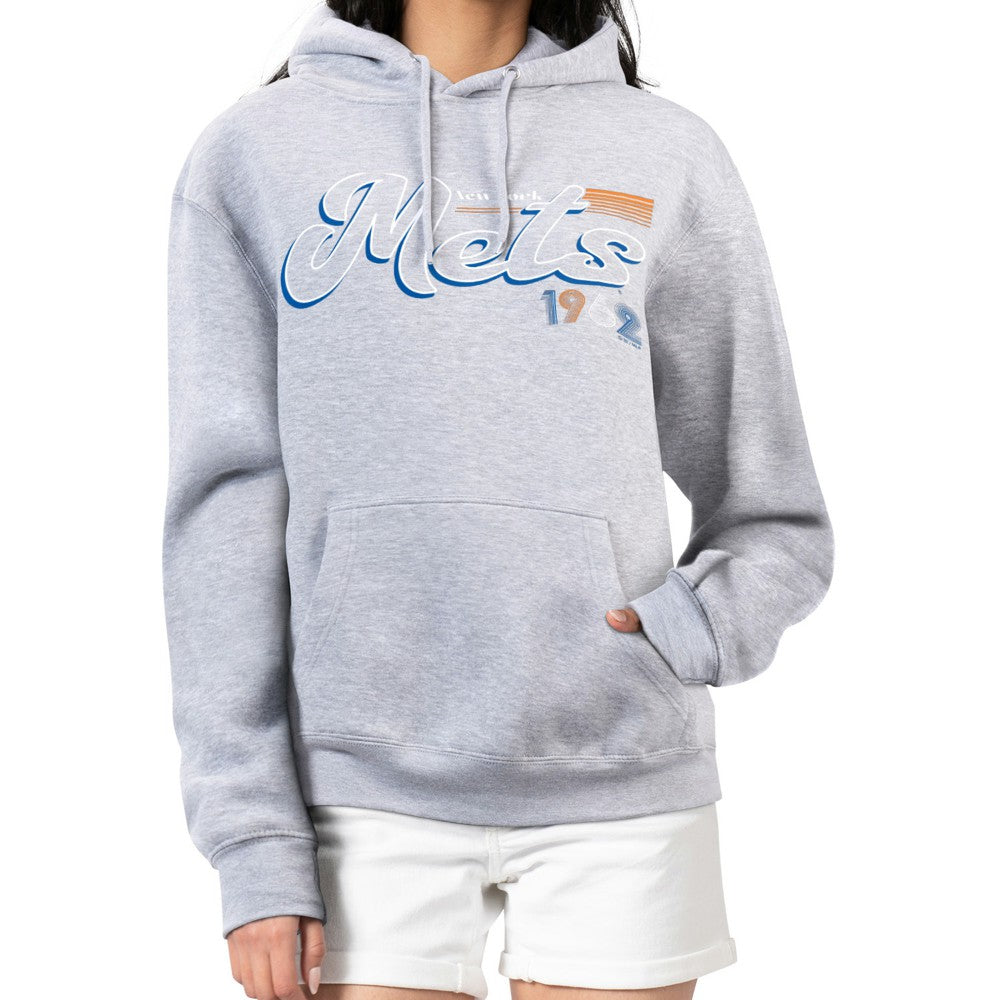 New York Mets Starter Women's Groovy Script Team Fleece Pullover Hoodie - Gray Hoodies