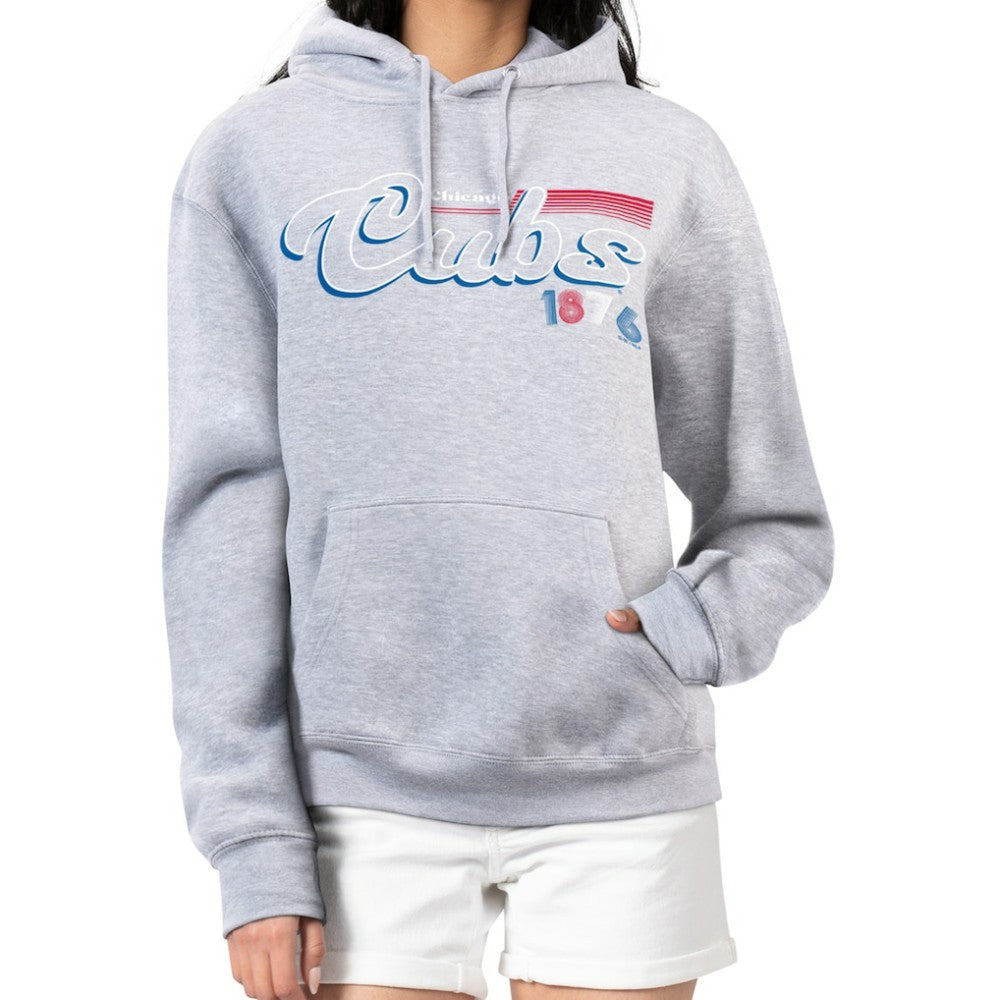 Chicago Cubs Starter Women's Groovy Script Team Fleece Pullover Hoodie - Gray Hoodies