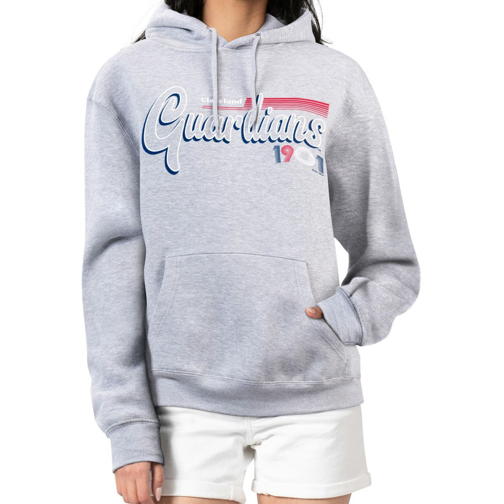 Cleveland Guardians Starter Women's Groovy Script Team Fleece Pullover Hoodie - Gray Hoodies