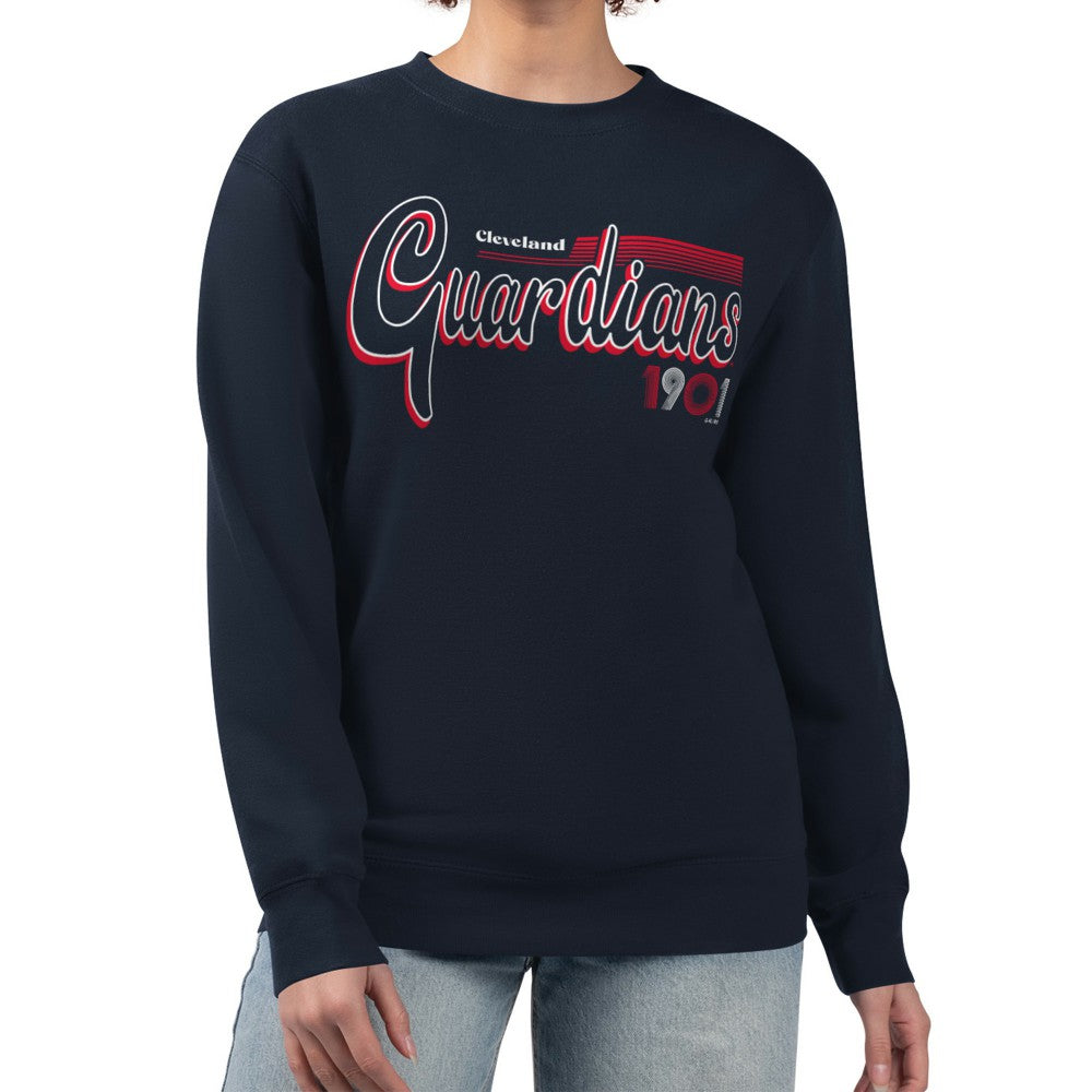 Cleveland Guardians Starter Women's Groovy Script Team Fleece Pullover Sweatshirt - Navy Pullover