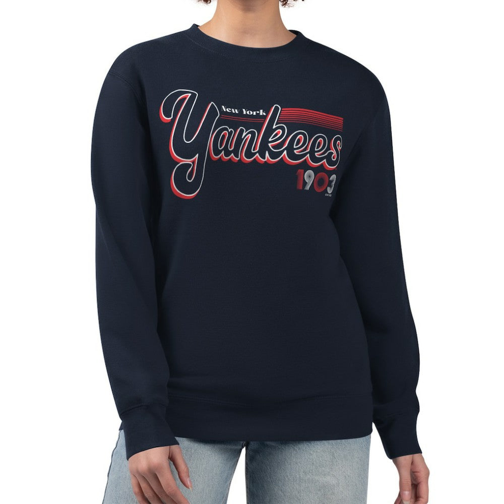 New York Yankees Starter Women's Groovy Script Team Fleece Pullover Sweatshirt - Navy Pullover
