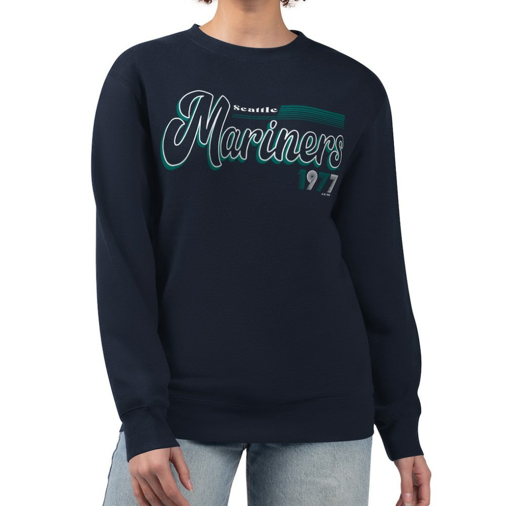 Seattle Mariners Starter Women's Groovy Script Team Fleece Pullover Sweatshirt - Navy Pullover