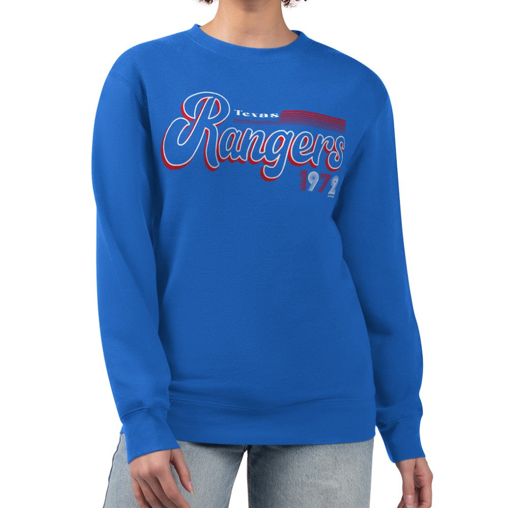 Texas Rangers Starter Women's Groovy Script Team Fleece Pullover Sweatshirt - Royal Pullover